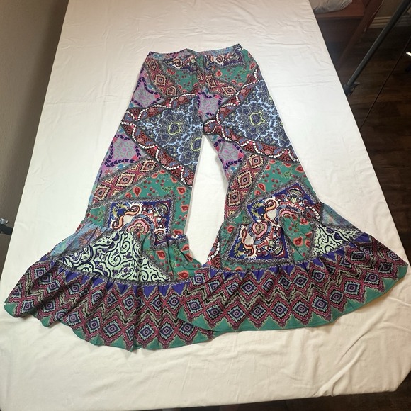 Umgee Patchwork Wide Legs Ruffle Hem Boho Festival Hippie Women's Pants Size M - Picture 5 of 12